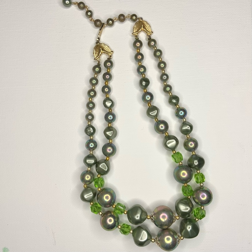 Vintage Japanese Double Strand Chunky Green and Gold Large Beaded Necklace - Picture 5 of 9